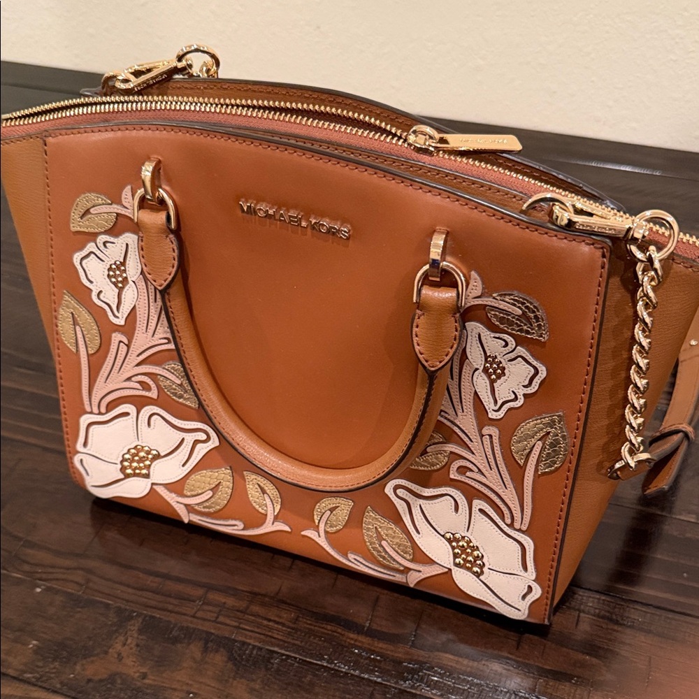 Michael Kors Floral Leather Satchel / Crossbody Bag – Brown with Gold Hardware